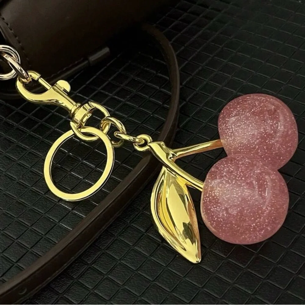 Gold and Baby Pink Cherry Keychain